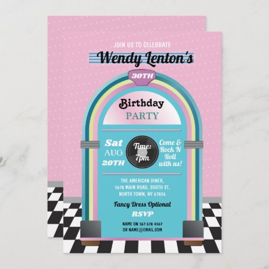 ジュークボックス誕生日ダイナーフィフティーズレトロ音楽招待状 招待状 (正面/裏面)