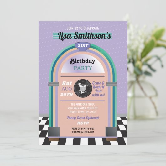 ジュークボックス誕生日ミュージックディナーフィフティスレトロ招待状 招待状 (スタンド正面)