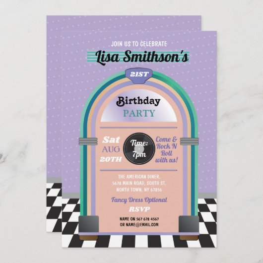 ジュークボックス誕生日ミュージックディナーフィフティスレトロ招待状 招待状 (正面/裏面)