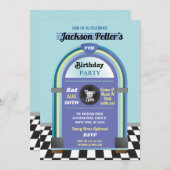 ジュークボックス誕生日ミュージックブルーディーナーフィフティーズレトロ 招待状 (正面/裏面)
