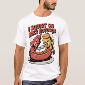 ジューシーおもしろいなホットドッグに飛び込む – 食べ物愛好家 Tシャツ (正面)