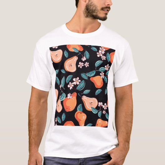ジューシーな梨:手描きの果実のパターン。 Tシャツ (正面)