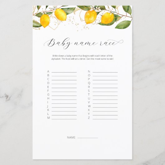 ジューシー黄色のベビー名レース赤ちゃんシャワーゲーム (正面)