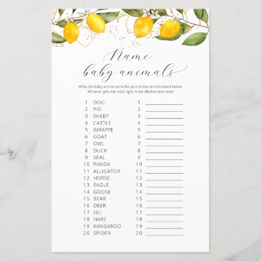 ジューシー黄色の名前赤ちゃん動物赤ちゃんシャワーゲーム (正面)