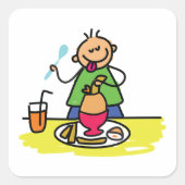 ジュースと卵で食事を楽しむ漫画の子ども スクエアシール (正面)