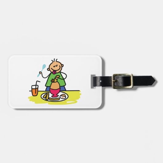 ジュースと卵で食事を楽しむ漫画の子ども ラゲッジタグ (正面横)