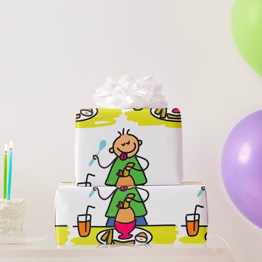 ジュースと卵で食事を楽しむ漫画の子ども ラッピングペーパー