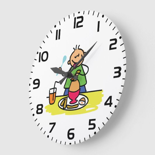 ジュースと卵で食事を楽しむ漫画の子ども ラージ壁時計 (傾斜)