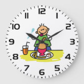 ジュースと卵で食事を楽しむ漫画の子ども ラージ壁時計 (正面)
