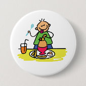 ジュースと卵で食事を楽しむ漫画の子ども 缶バッジ (正面)