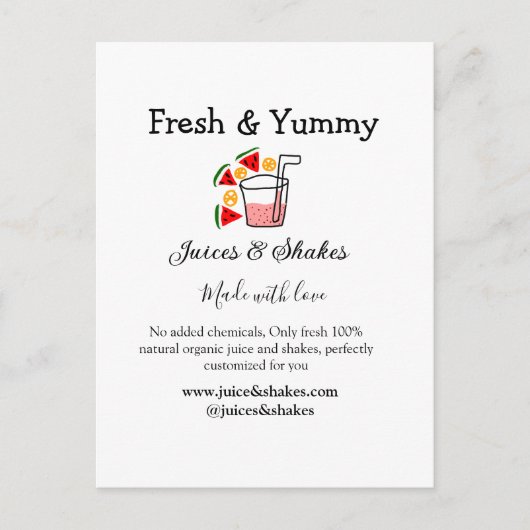 ジュース&シェークレストランビジネスサイトのソーシャル ポストカード (正面)