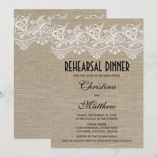 ジュート素朴とレースのリハーサルディナー 招待状 (正面/裏面)