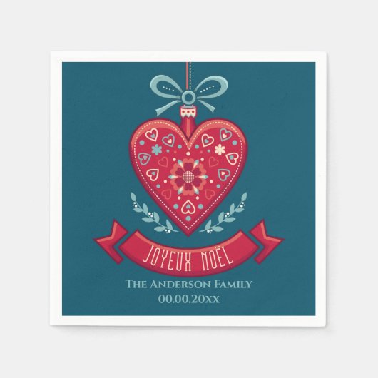 ジューノエル赤いハートツリーデコレーションファミリーネーム スタンダードカクテルナプキン (正面)