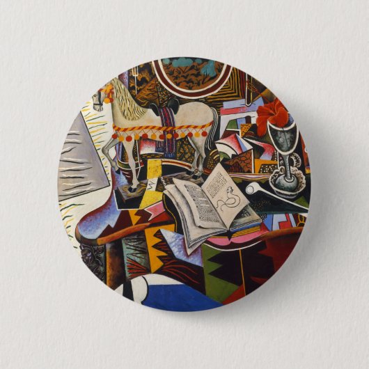 ジョアン・ミロの馬パイプ赤い花 缶バッジ (正面)