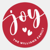 ジョイかわいいスクリプトタイポグラフィ赤い名前クリスマス ラウンドシール (正面)