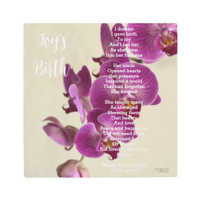 ジョイの誕生詩感動的ピンクの蘭 メタルプリント (正面)