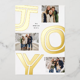 ジョイはっきりしたスシンプル三つの写真モダン金ゴールドクリスマス 箔シーズンカード