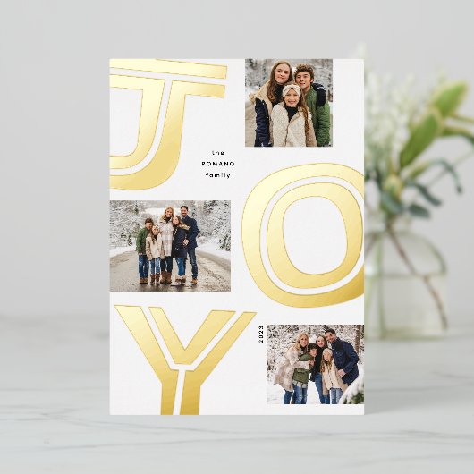 ジョイはっきりしたスシンプル三つの写真モダン金ゴールドクリスマス 箔シーズンカード (立ち正面)