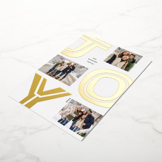 ジョイはっきりしたスシンプル三つの写真モダン金ゴールドクリスマス 箔シーズンカード (回転した状態)