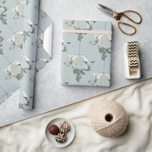 ジョイウィンターフォレストフォント金ゴールドスノーオーナメントブルー ラッピングペーパー (クラフト)