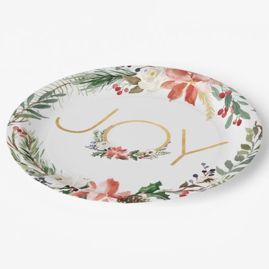 ジョイウォーターカラーフローラリースと金ゴールド |クリスマス ペーパープレート (アングル)
