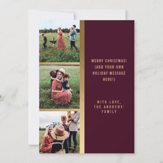 ジョイエレガント金ゴールドブルゴーニュグリッターフォトホリデー カード (裏面)