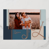 ジョイオーバーレイモダンブルーカラーブロックファミリーフォト 箔シーズンカード (正面)