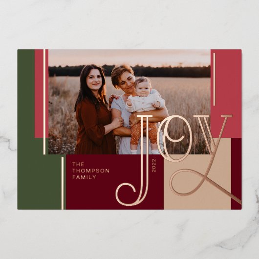 ジョイオーバーレイ赤モダン色ブロックファミリーフォト 箔シーズンカード (正面)