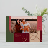 ジョイオーバーレイ赤モダン色ブロックファミリーフォト 箔シーズンカード (立ち正面)