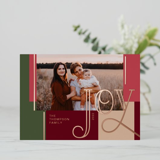 ジョイオーバーレイ赤モダン色ブロックファミリーフォト 箔シーズンカード (立ち正面)