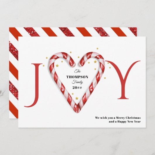 ジョイキャンディーケインハート&スターズミニマリストクリスマス シーズンカード (正面/裏面)