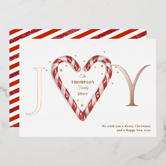 ジョイキャンディーケインハート&スターズミニマリストクリスマス 箔シーズンカード (正面/裏面)