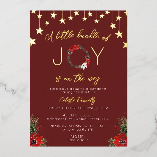 ジョイクラシックーベビーシャワーのクリスマスレッドバンドル 箔招待状 (正面)