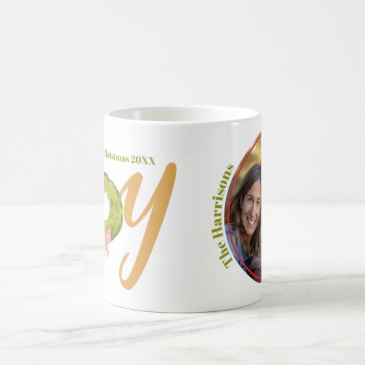 ジョイクリスマスカラフルタイポグラフィ写真名おもしろい コーヒーマグカップ (中央)