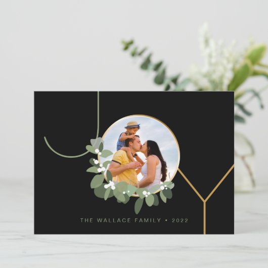 ジョイクリスマスファミリーフォトモダンタイポグラフィ シーズンカード (スタンド正面)