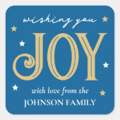ジョイクリスマスフェスティバルタイポグラフィ名前をカスタムするブルー スクエアシール (正面)