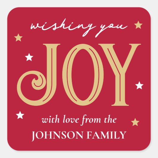 ジョイクリスマスフェスティバルタイポグラフィ名前をカスタムするレッド スクエアシール (正面)