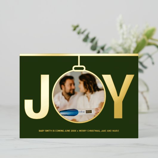 ジョイクリスマスホリデー妊娠告知金ゴールド 箔招待状 (立ち正面)