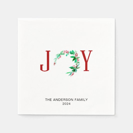 ジョイクリスマスリースホリデーウォーターカラーミニマリスト スタンダードカクテルナプキン (正面)