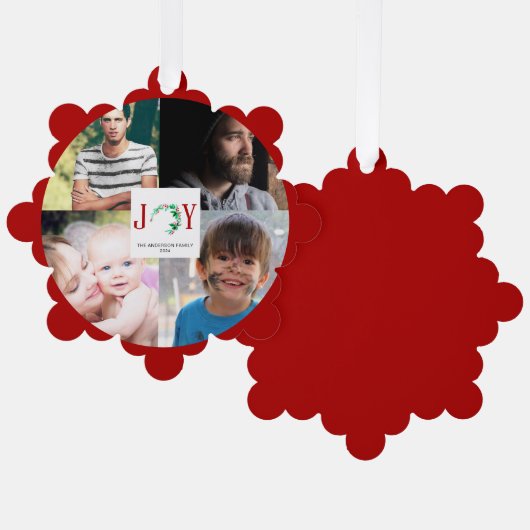 ジョイクリスマス4フォトコラージファミリー写真 オーナメントカード (正面/裏面)