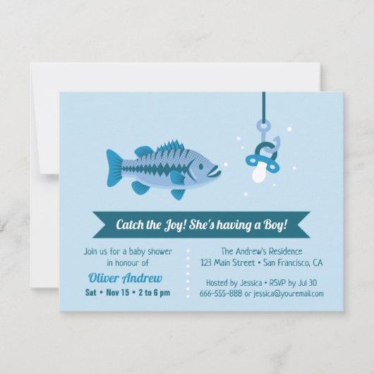 ジョイシーバス魚釣りをテーマにしたベビースシャワーをキャッチ 招待状 (正面)