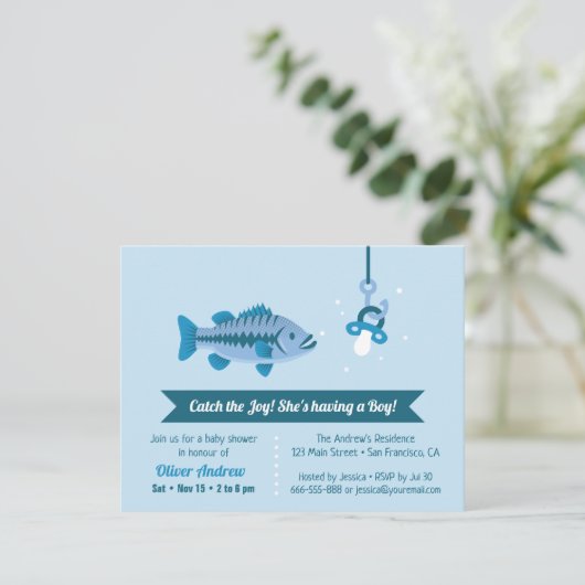 ジョイシーバス魚釣りをテーマにしたベビースシャワーをキャッチ 招待状 (スタンド正面)