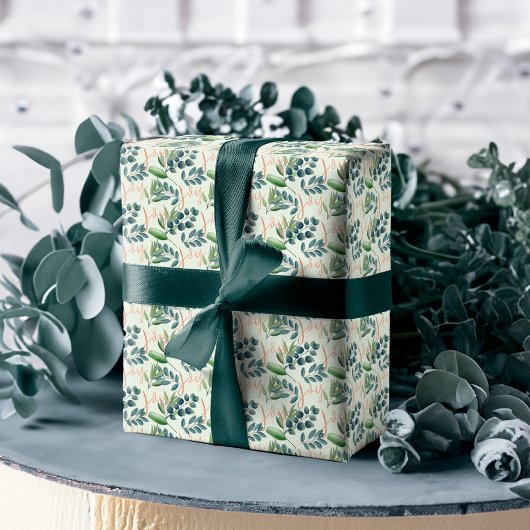 ジョイスクリプトグリーンセージフローラ葉クリスマス ラッピングペーパー