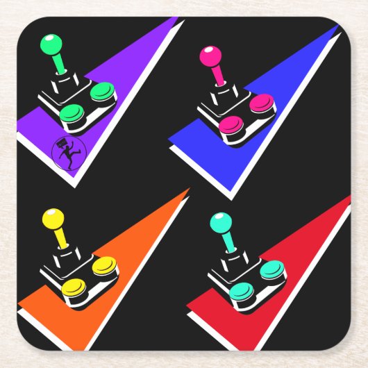 ジョイスティックレトロカラフルヴィンテージ90sグラフィック スクエアペーパーコースター (正面)