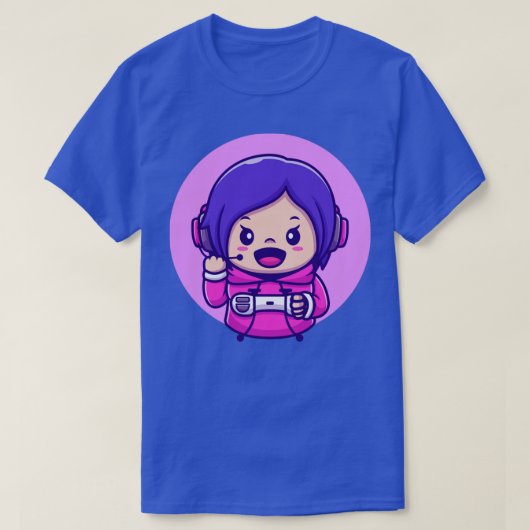 ジョイスティック漫画を持つ可愛い女の子ゲーム Tシャツ (デザイン正面)