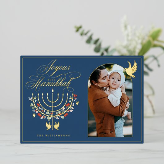 ジョイスハヌカーフェスティバル(ユダヤ教)メノラーキャンドルフォトブルー 箔シーズンカード (立ち正面)