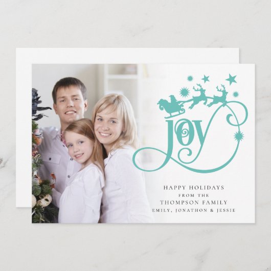 ジョイティール（緑がかった色）サンタそりスクリプトフォトクリスマス シーズンカード (正面/裏面)