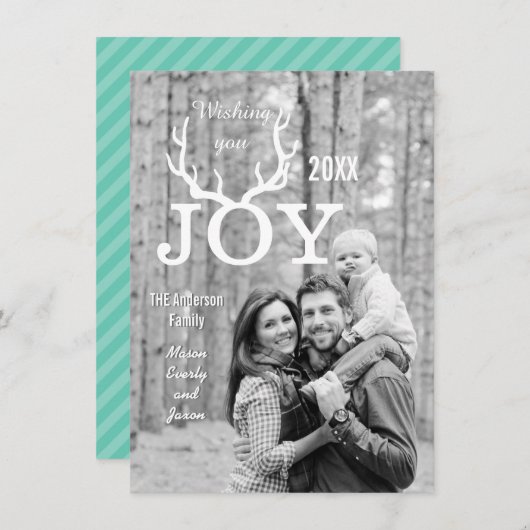 ジョイディアー〔雄ジカの〕枝角ホリデークリスマス任意のカラーバック シーズンカード (正面/裏面)