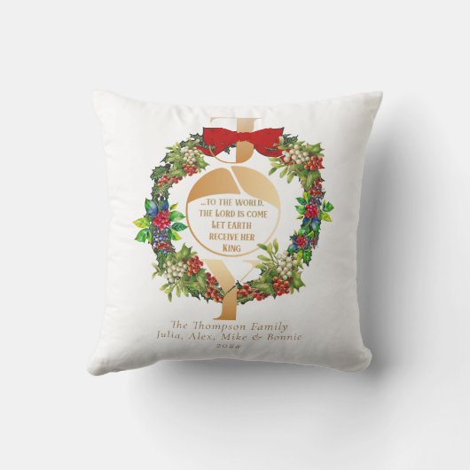 ジョイトゥザワールド引用文エレガントクリスマスリース クッション (裏面)