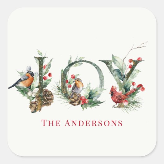 ジョイパインコーンレッドベリーバードクリスマスホリデー スクエアシール (正面)